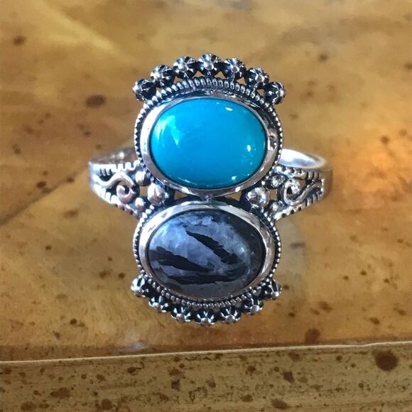 Sleeping Beauty Turquoise White Buffalo Sterling Silver Ring Size 8 - Picture 6 of 10
